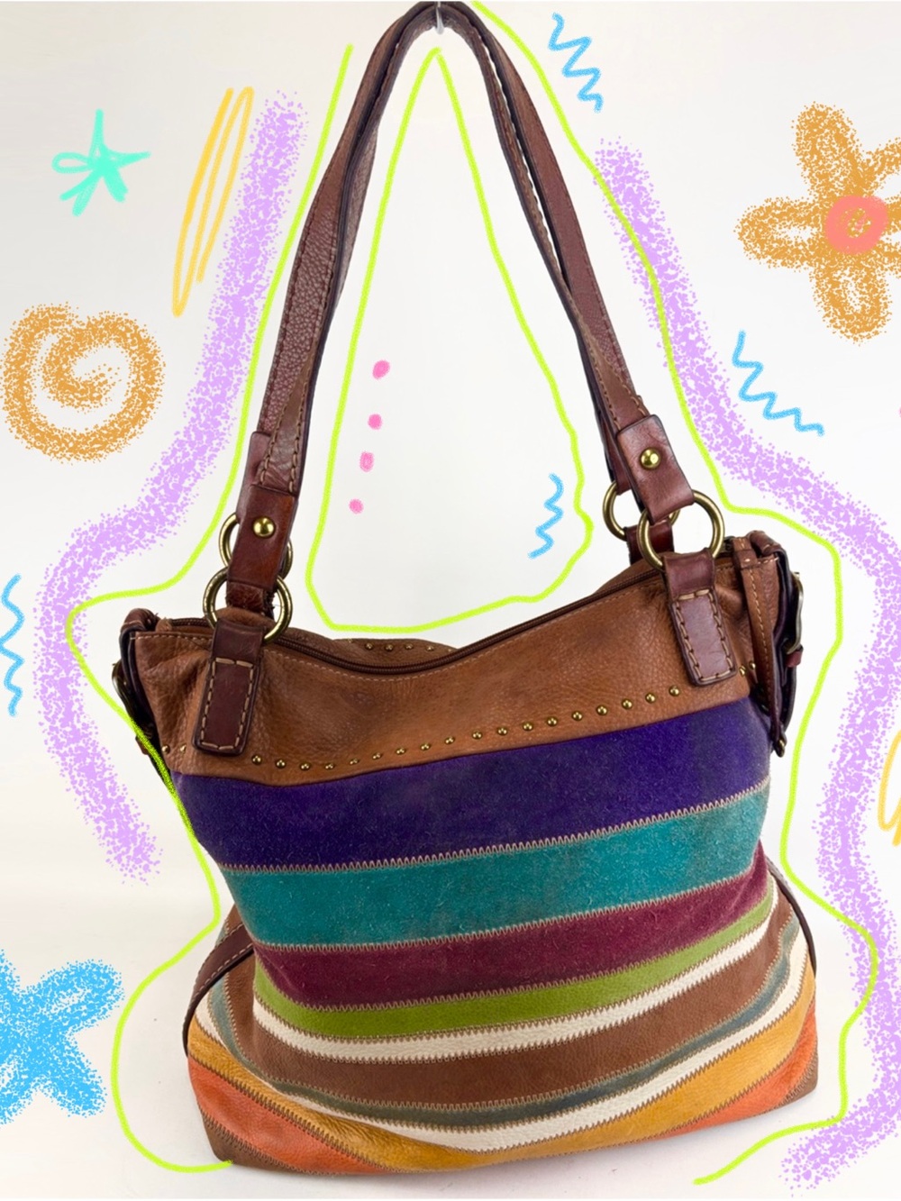 Vintage suede leather y2k fossil stripe patchwork rainbow bag hobo tote purse